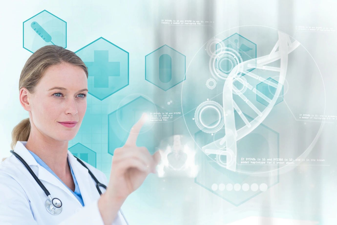 Doutora utilizando tecnologia médica digital interativa com elementos gráficos de DNA e símbolos de saúde em tons de azul claro.